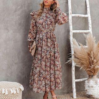 Long-sleeve Mock-neck Floral Midi A-line Dress