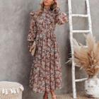 Long-sleeve Mock-neck Floral Midi A-line Dress