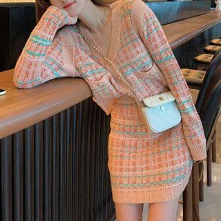 Set: Plaid Cardigan + Pencil Skirt Cardigan & Skirt - Plaid - Orange - One Size