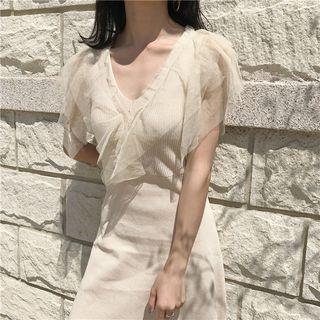 Short-sleeve Ruffle-trim Mini A-line Knit Dress