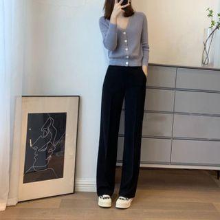 Set: Plain Cardigan + High-waist Wide-leg Pants