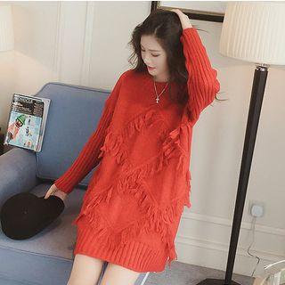 Fringe Trim Long-sleeve Knit Dress