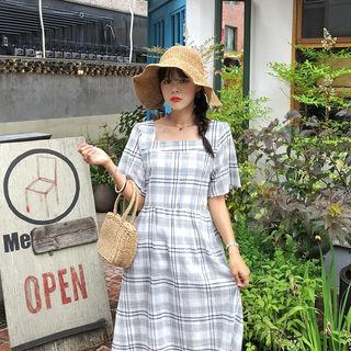 Square-neck Plaid Linen Blend Dress