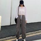 Long-sleeve Drawstring-waist Cropped T-shirt / Cargo Harem Pants