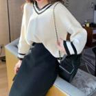 Contrast Trim Sweater / Midi Skirt