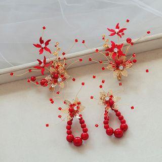 Wedding Set: Faux Pearl Branches Hair Clip + Dangle Earring 1 Pair Hair Clips & 1 Pair Clip On Earrings - One Size