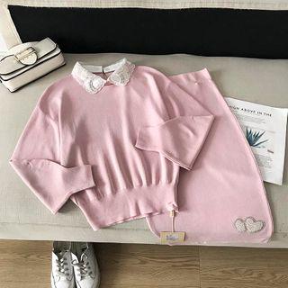 Set: Collared Sweater + Applique Knit Skirt
