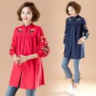 Embroidered Stand-collar Long-sleeve Medium Long Shirt