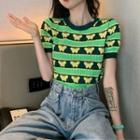 Short-sleeve Striped Butterfly Print Knit Crop Top
