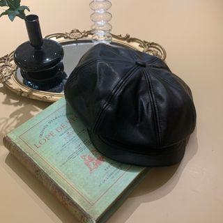 Faux-leather Newsboy Hat Black - One Size