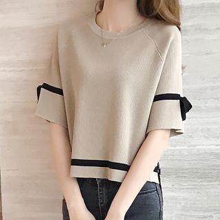 Elbow-sleeve Contrast Lining Knit Top