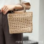 Wooden-handle Rattan Hand Bag With Strap