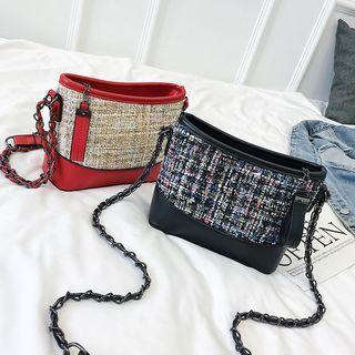 Woven Panel Zipper Chain-strap Crossbody Bag
