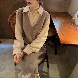 Plain Shirtdress / Long Knit Vest