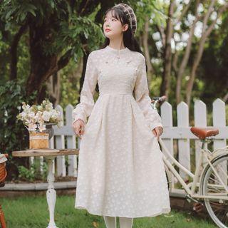 Mandarin Collar Midi A-line Dress