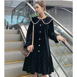 Long-sleeve Midi Collared Velvet Dress Black - One Size