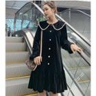 Long-sleeve Midi Collared Velvet Dress Black - One Size