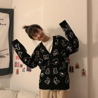Lettering Bear Print Cardigan Black - One Size