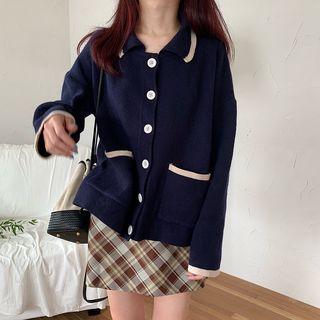 Collared Cardigan / Plaid A-line Mini Skirt