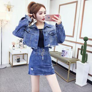 Set: Cropped Denim Jacket + A-line Mini Denim Skirt