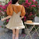 Puff-sleeve Blouse / Spaghetti Strap Ruffle Trim Mini A-line Dress