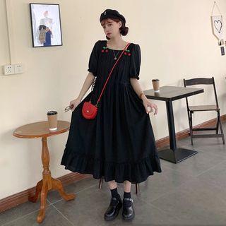Square Neck Cherry Drawstring Waist A-line Dress