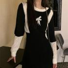 Long-sleeve Two-tone Bow-accent Knit Mini Bodycon Dress