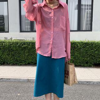Long-sleeve Ripped Blouse / Midi A-line Skirt