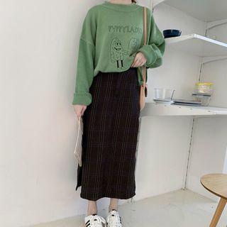 Embroidered Sweater / Midi Plaid Skirt