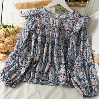 Ruffle-trim Printed Loose Top Blue - One Size