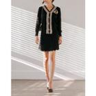 Set: Contrast-trim Appliqu  Cardigan + Seam-detail Skirt