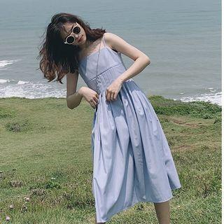 Plain Spaghetti Strap Pleated Midi A-line Dress Blue - One Size