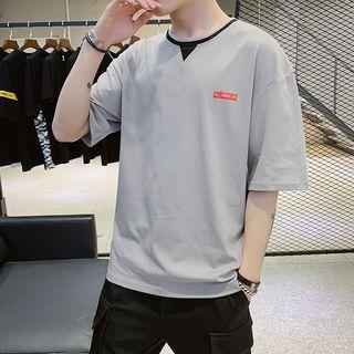 Elbow-sleeve Contrast Neckline Logo T-shirt