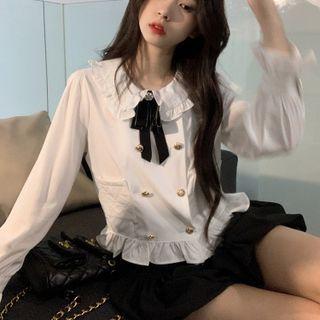 Double Breasted Frill Trim Blouse White - One Size