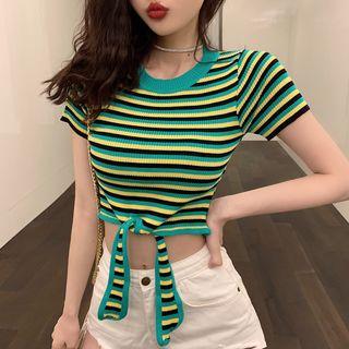 Short-sleeve Striped Drawstring Front Knit Top