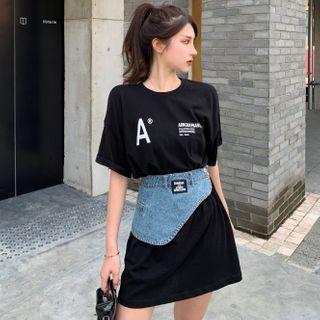 Short-sleeve Printed Loose T-shirt + Denim Belt
