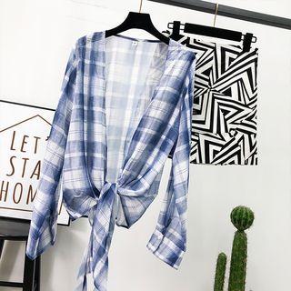 Open-front Plaid Light Shirt / Printed Mini Skirt