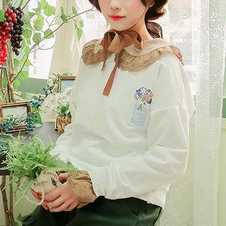 Flower-embroidered Light Pullover White - One Size