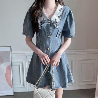 Lace-collar Pintuck Denim Minidress Light Blue - One Size