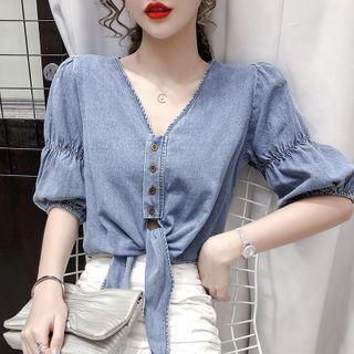 Elbow-sleeve V-neck Denim Top