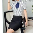 Short-sleeve Striped Shirt / Pencil Skirt / Dress Pants / Set