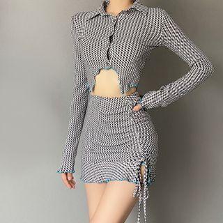 Houndstooth Crop Shirt / Drawstring Mini Fitted Skirt