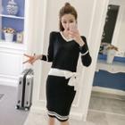 Set: Tie-front Knit Top + Pencil Skirt