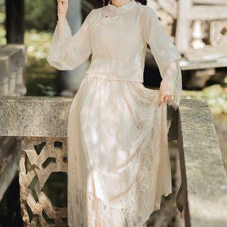 Set: Spaghetti Strap Lace Midi A-line Dress + Long-sleeve Blouse