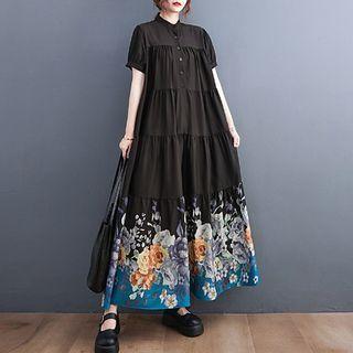 Short-sleeve Floral Maxi Smock Dress Black - One Size