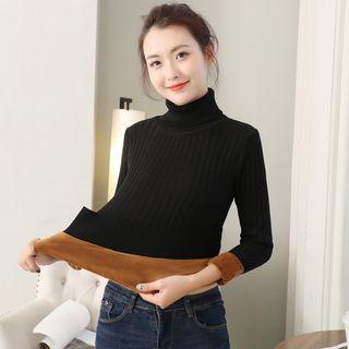 Turtleneck Fleece-lined Ribbed Sweater
