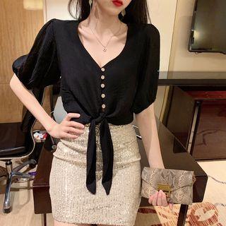 Elbow-sleeve Knotted Top