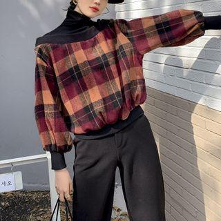 Turtleneck Panel Mock Two-piece Plaid Sweatshirt