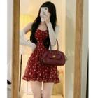 Sleeveless Floral Mini A-line Dress / Ribbed Long-sleeve Cardigan