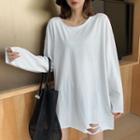 Long-sleeve Distressed Plain T-shirt White - One Size